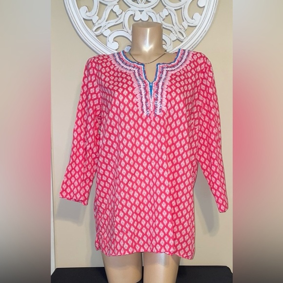 Talbots women’s XL 16 18 tunic top blouse pink white pattern embroidered cotton - Picture 1 of 11
